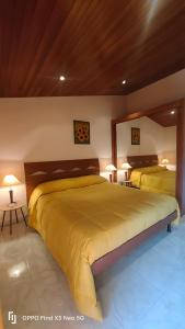 a bedroom with a large yellow bed with two lamps at Villa Rosaria B&B in Morano Calabro +58 photos
