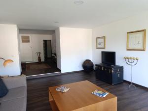 a living room with a couch and a tv at Casa do Patrão Serradalto in Manteigas