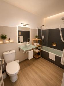 a bathroom with a toilet and a sink and a shower at Hôtel le Canetois in Canet-en-Roussillon