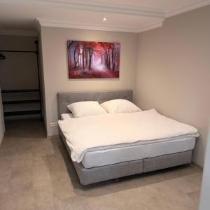 a bed in a bedroom with a painting on the wall at Apartment MessePark Bad Salzuflen in Bad Salzuflen