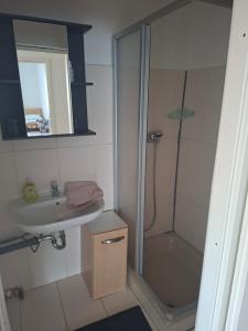 a bathroom with a sink and a shower at Naab-burg in Nabburg +9 photos