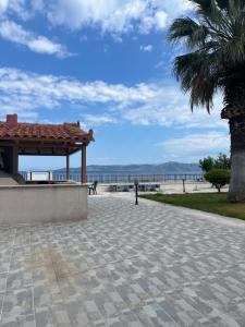 a pavilion next to a beach with a palm tree at Stella Maris sea front studios in Kanatádhika