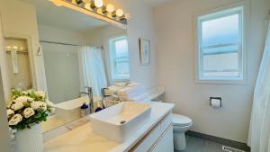 a bathroom with a sink and a toilet and a mirror at Ocean View Home Nanaimo in Nanaimo +18 photos