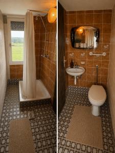 two pictures of a bathroom with a toilet and a sink at Weekendica in Fokovci