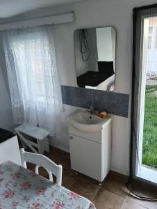 a bathroom with a sink and a mirror and a table at Căsuța de vacanță in Bogata