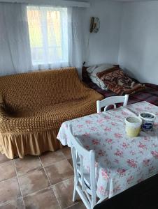 a room with a table and chairs and a bed at Căsuța de vacanță in Bogata