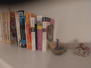 a row of books on a shelf with a small toy at Sea View Garden in Poros