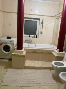 a bathroom with a tub and a sink and a washing machine at Літо in Bushtyno