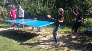 a group of people standing around a ping pong table at Pärlan 2 in Balatonboglár