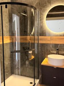 a bathroom with a shower and a sink at Apartament Lniany in Leszno