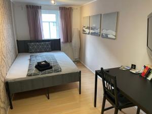 a small bedroom with a bed and a desk at OM Exklusives Zimmer, WLAN, geteiltes Bad und Küche in Stadtilm