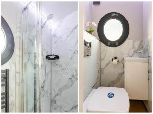 two pictures of a bathroom with a toilet and a shower at Wave in Volendam +27 photos