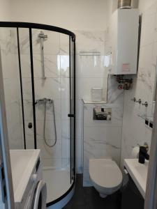 a white bathroom with a shower and a toilet at Kawalerka nad Odrą in Brzeg