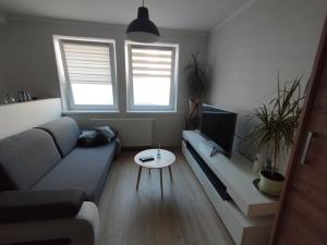a living room with a couch and a tv at Apartament Na Głucho in Nysa +6 photos