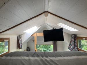 a tv in the middle of a room with a bed at Tiny House Insolite avec Escape Game in Chanzeaux