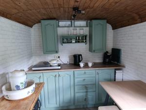 a kitchen with mint green cabinets and a counter at Útulná Maringotka in Dolní Město