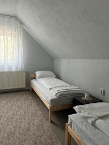 a bedroom with two beds and a window at Barabás Guest House in Brădeşti