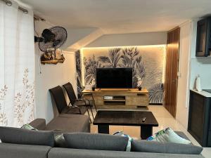 a living room with a couch and a tv at Seaside View Terrace Apartment in Mauritius