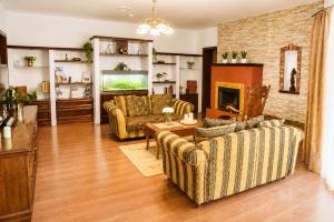 a living room with two couches and a fireplace at Villa Corvina in Győrújbarát
