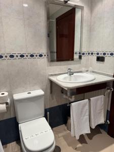 a bathroom with a white toilet and a sink at Hotel Montaña Central in Caborana +29 photos