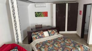 a bedroom with a bed and a mirror at Chambres d'hôtes WAIMEA in Abidjan