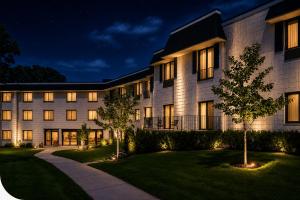an exterior view of a building at night at Chateau Royale Inn in Lake Geneva