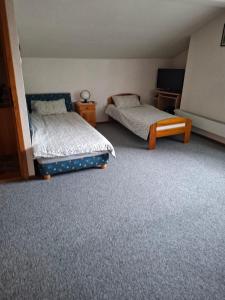 a bedroom with two beds and a tv in it at Chatka Mysliwego Wladka in Wola Piotrowa
