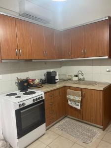 a kitchen with a white stove and wooden cabinets at Sea And Sand Apartment in Nea Kallikrateia