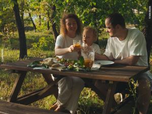 a man and woman sitting at a picnic table with a child at Chão do Rio - Turismo de Aldeia - Serra da Estrela in Seia +60 photos