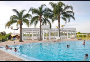 a swimming pool with palm trees and a building at La Seven Dpto Turístico in Colón