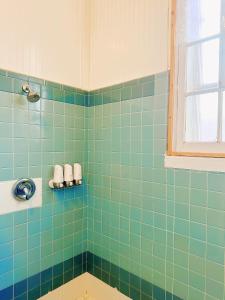 a green tiled bathroom with a tub and a window at Hostel du Nord in Duluth +31 photos