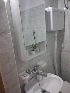 a bathroom with a sink and a toilet and a mirror at Sunshine- self sheck in in Čačak +23 photos