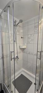 a bathroom with a shower and a sink at Studio apartman King with private jacuzzi and sauna in Štakorovec +35 photos