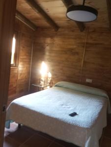 a bedroom with a bed in a wooden room at El guajiro in Mas de las Matas