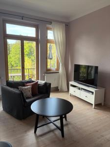 a living room with a couch and a tv and a table at Apartment Am Gondelteich in Bad Elster