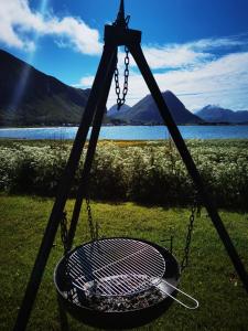 a swing with a grill in the grass near a lake at BanPim Beachside Lofoten in Ramberg