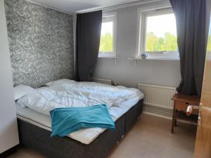 a bed in a bedroom with a blue pillow on it at Apartment with some lake view in Sävsjöström