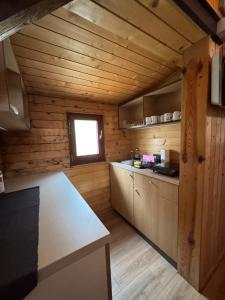a kitchen with wooden walls and a table in a room at Palčkov oddih in Škofja Loka