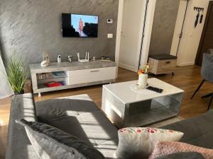 a living room with a couch and a tv on a wall at Apartment VIP in Subotica