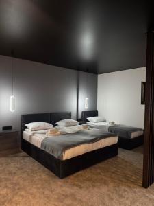 two beds in a large room with black walls at Gravity Resort & Spa in Solotvyno