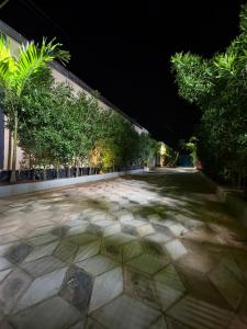an empty courtyard at night with trees and plants at Hotel Coral Shade's in Mahabalipuram