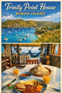 a table with breakfast food and a view of a harbor at Trinity Point Hillside Villa, beach & sunset views in Bequia