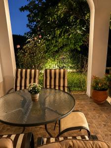 a glass table and chairs on a patio at HOUSE WITH GARDEN Netflix in Néa Kerasiá