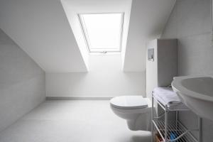 a bathroom with a toilet and a sink and a window at Laguna Self Check-in in Nida