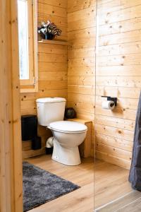 a bathroom with a toilet in a wooden wall at Bosquet Secret in Froid-Chapelle