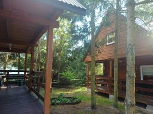 a wooden deck next to a cabin in the woods at U Świstaka in Krasnobród