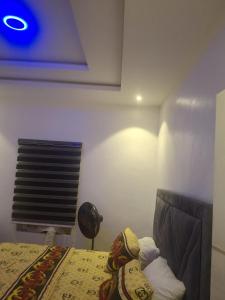 a bedroom with a bed with a fan and a window at WHITE CASTLE Apartments in Hausa