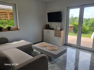 a living room with a couch and a tv at Domek na Sowiej in Kłodzko