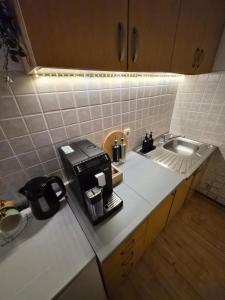 a kitchen counter with a coffee maker and a sink at Cozy Cottage Vlašić in Vlasic +78 photos