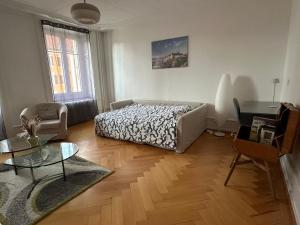 a living room with a bed and a glass table at Abeilles in La Chaux-de-Fonds